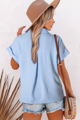 Mist Blue Solid Color Cuffed Short Sleeve Shirt