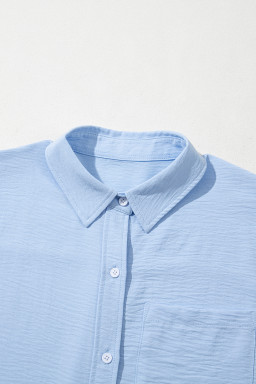 Mist Blue Solid Color Cuffed Short Sleeve Shirt
