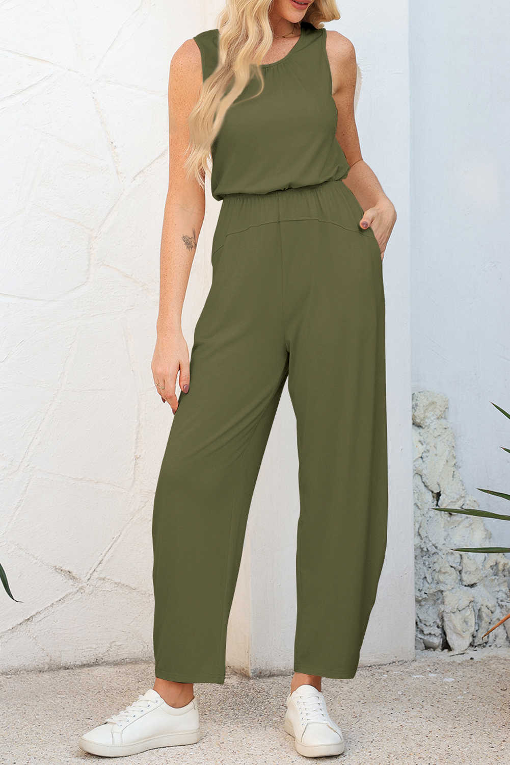 Four Leaf Clover Solid Color Pleated Detail Elastic Waist Sleeveless Jumpsuit