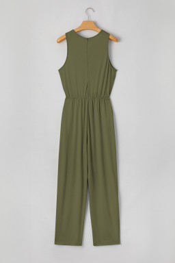 Four Leaf Clover Solid Color Pleated Detail Elastic Waist Sleeveless Jumpsuit