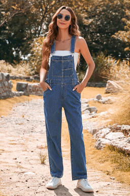 Dark Blue Retro Bib Pocket Buckle Straps Casual Denim Jumpsuit