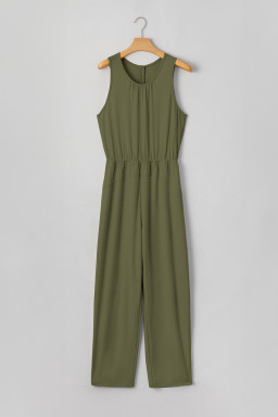Four Leaf Clover Solid Color Pleated Detail Elastic Waist Sleeveless Jumpsuit