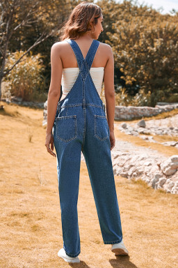 Dark Blue Retro Bib Pocket Buckle Straps Casual Denim Jumpsuit