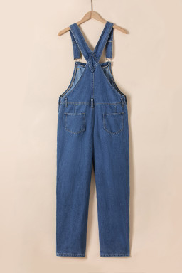 Dark Blue Retro Bib Pocket Buckle Straps Casual Denim Jumpsuit