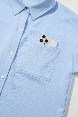 Mist Blue Solid Color Cuffed Short Sleeve Shirt
