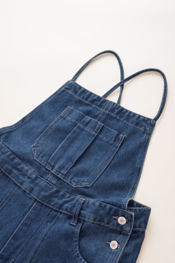 Dark Blue Crossed Tie Straps Bib Pocket Loose Denim Overalls