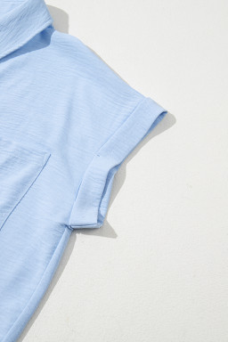 Mist Blue Solid Color Cuffed Short Sleeve Shirt