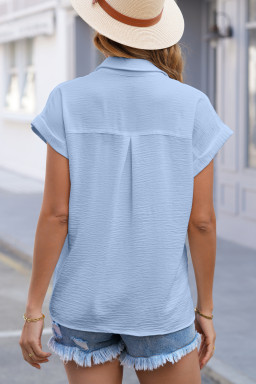 Mist Blue Solid Color Cuffed Short Sleeve Shirt