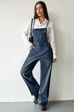 Dark Blue Crossed Tie Straps Bib Pocket Loose Denim Overalls