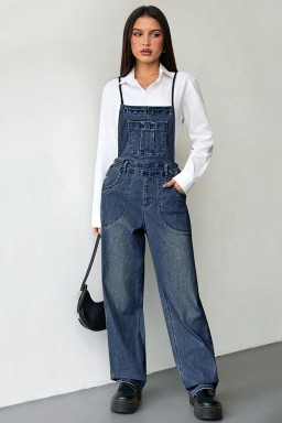 Dark Blue Crossed Tie Straps Bib Pocket Loose Denim Overalls