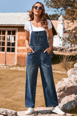 Dark Blue Crossed Tie Straps Bib Pocket Loose Denim Overalls