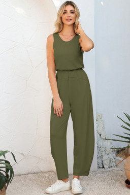 Four Leaf Clover Solid Color Pleated Detail Elastic Waist Sleeveless Jumpsuit