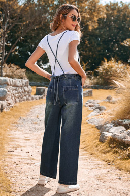 Dark Blue Crossed Tie Straps Bib Pocket Loose Denim Overalls