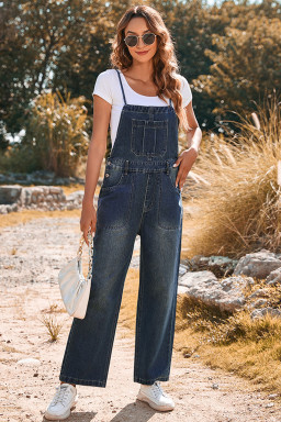 Dark Blue Crossed Tie Straps Bib Pocket Loose Denim Overalls