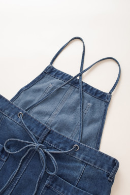 Dark Blue Crossed Tie Straps Bib Pocket Loose Denim Overalls