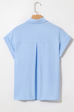 Mist Blue Solid Color Cuffed Short Sleeve Shirt