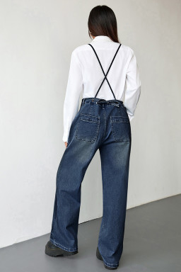 Dark Blue Crossed Tie Straps Bib Pocket Loose Denim Overalls