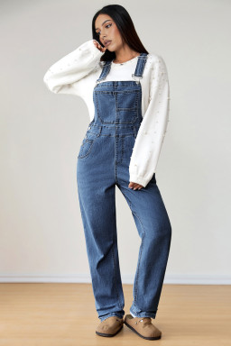 Dark Blue Retro Bib Pocket Buckle Straps Casual Denim Jumpsuit