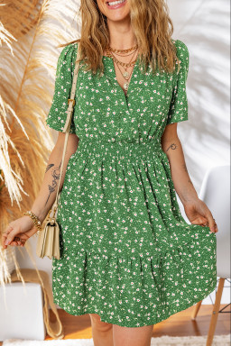 Green Floral Print Wrap V Neck Short Sleeve High Waistband Mini Dress