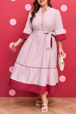 Red Stripe Plus Size Ruffled Hem Pinstriped Midi Dress