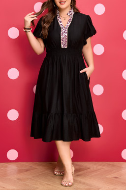 Black Leopard V Neck Patchwork Smocked Waist Plus Size Ruffled Dress
