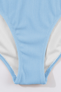 Beau Blue Stylish Ribbed Contrast Trim Spaghetti Straps 2pcs Bikini Swimsuit