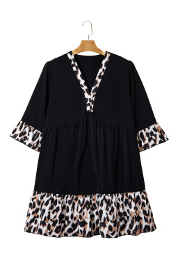 Black Plus Size Leopard Patchwork V Neck 3/4 Sleeve Ruffle Hem Mini Dress