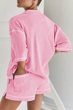 Pink Breathable Waffle Color Block Trim 2pcs Casual Short Set