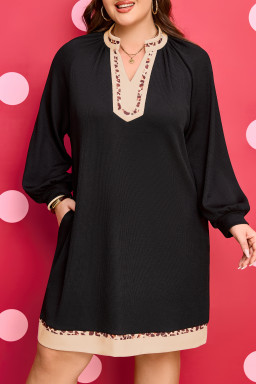 Black Contrast Color Block Leopard Trim Plus Size Ribbed Dress