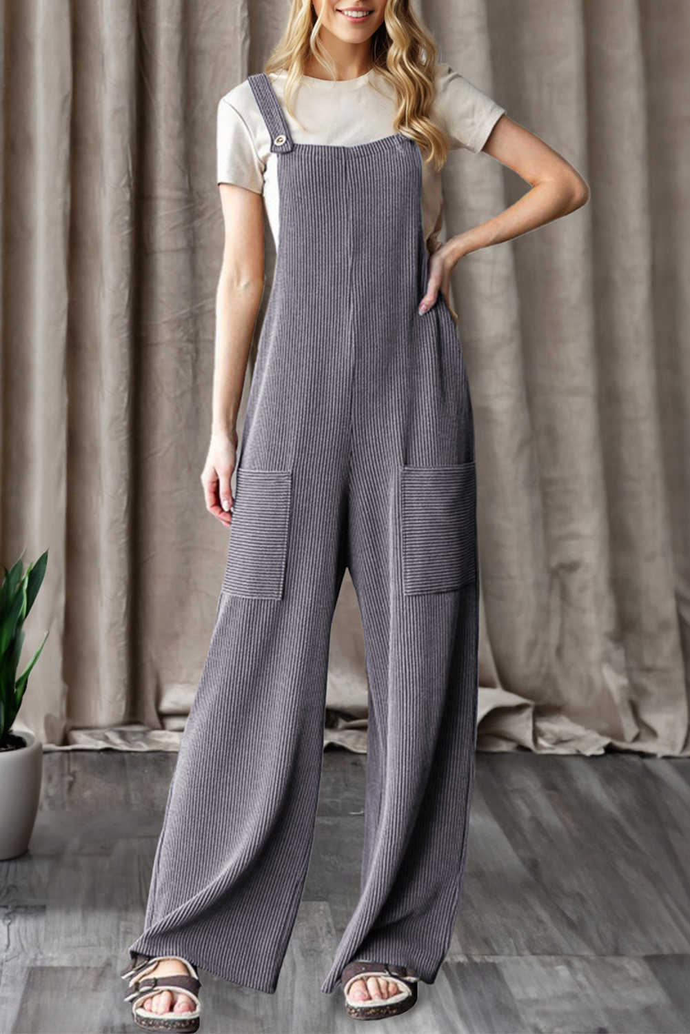 Dark Grey Ribbed Knit Patched Pocket Wide Leg Overalls