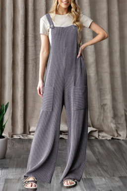 Dark Grey Ribbed Knit Patched Pocket Wide Leg Overalls