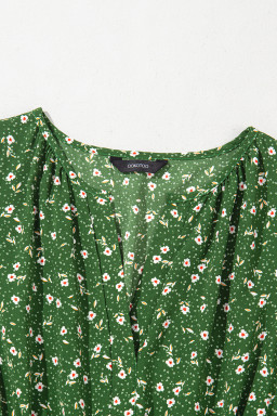 Green Floral Print Wrap V Neck Short Sleeve High Waistband Mini Dress