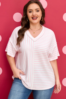 Pink Stripe Plus Size V Neck Exposed Seam Patchwork T Shirt