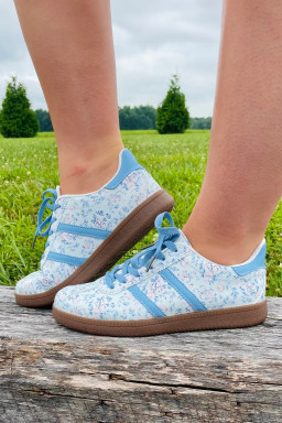 Light Blue Floral Print Lace-up PU Leather Flat Shoes