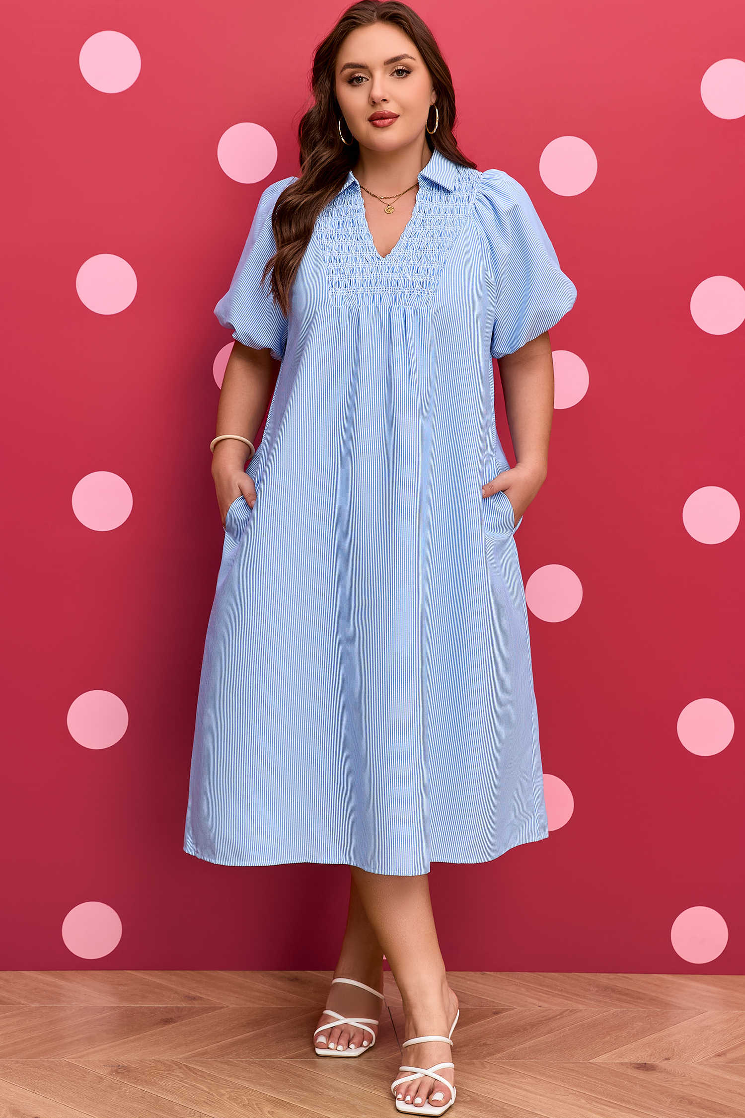 Sky Blue Stripe Shirred Detail Collar V Neck Plus Size Midi Dress
