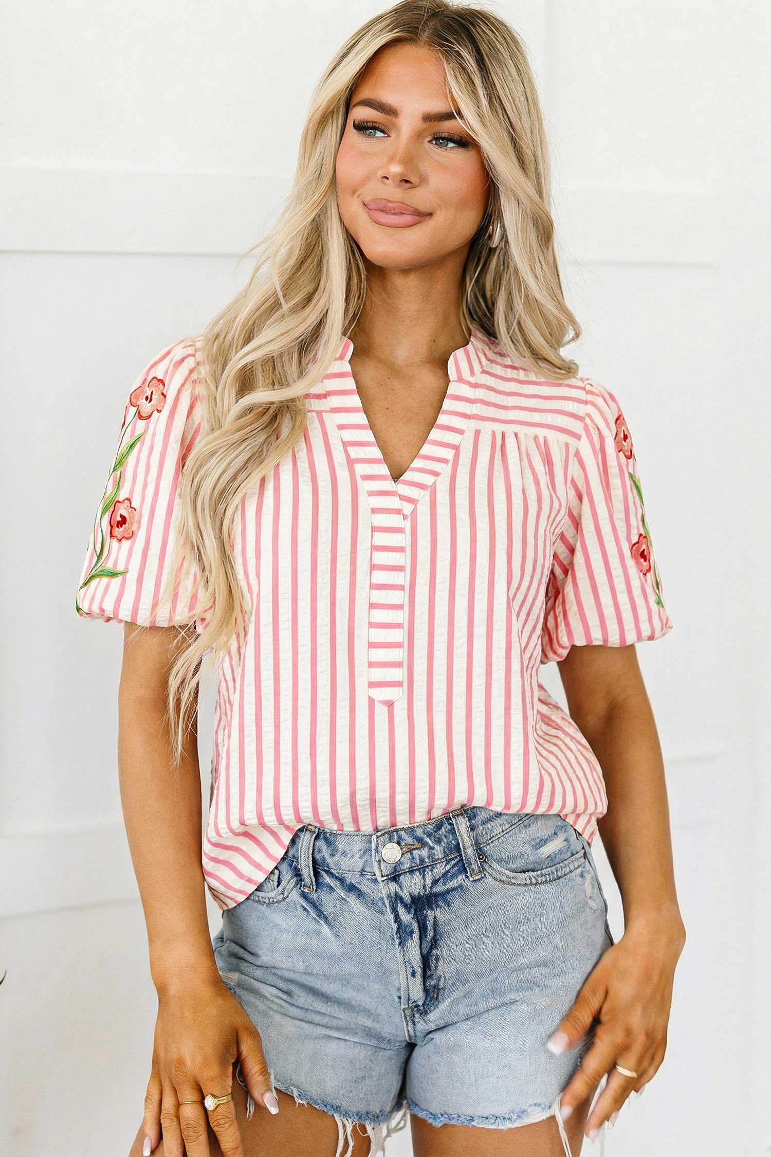 Pink Stripe Print Floral Embroidered Puff Sleeve V Neck Blouse