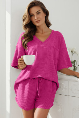 Rose Red Solid Color Waffled V Neck Loose Tee Drawstring Shorts Set