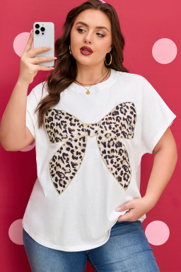 White Plus Size Leopard Bow Embroidered Patch Casual T Shirt