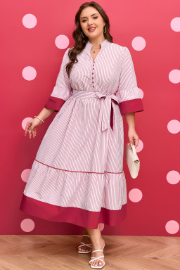 Red Stripe Plus Size Ruffled Hem Pinstriped Midi Dress