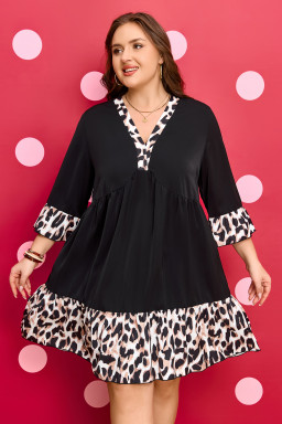 Black Plus Size Leopard Patchwork V Neck 3/4 Sleeve Ruffle Hem Mini Dress