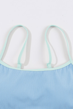 Beau Blue Stylish Ribbed Contrast Trim Spaghetti Straps 2pcs Bikini Swimsuit