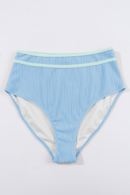 Beau Blue Stylish Ribbed Contrast Trim Spaghetti Straps 2pcs Bikini Swimsuit