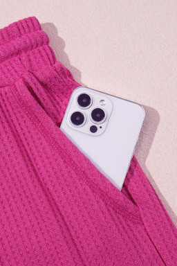 Rose Red Solid Color Waffled V Neck Loose Tee Drawstring Shorts Set