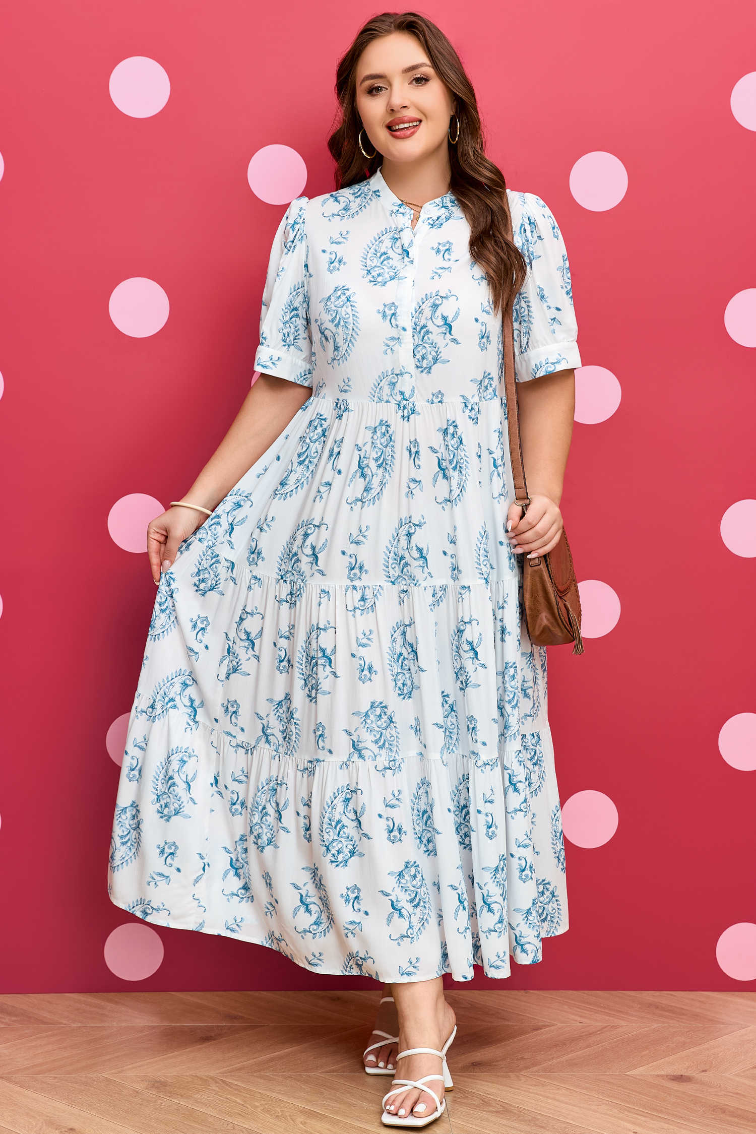 Sky Blue Plus Size Geometric Floral Print Button Split Neck Short Sleeve Maxi Dress