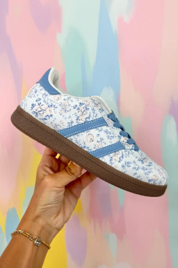 Light Blue Floral Print Lace-up PU Leather Flat Shoes