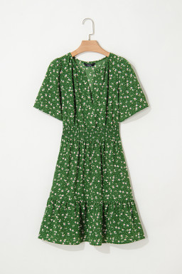 Green Floral Print Wrap V Neck Short Sleeve High Waistband Mini Dress