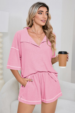 Pink Breathable Waffle Color Block Trim 2pcs Casual Short Set