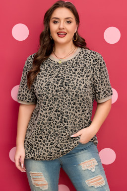 Khaki Leopard Print Textured Plus Size T Shirt