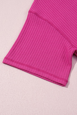 Rose Red Solid Color Waffled V Neck Loose Tee Drawstring Shorts Set