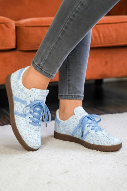 Light Blue Floral Print Lace-up PU Leather Flat Shoes